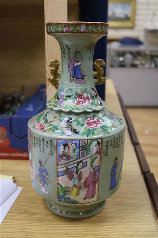 A 19th century Chinese celadon ground famille rose vase height 33cm